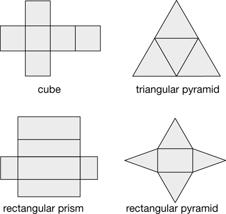 nets for a cube, triangular pyramid, rectangular prism, and rectangular pyramid