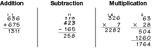 examples of the compact method for addition, subtraction, and multiplication